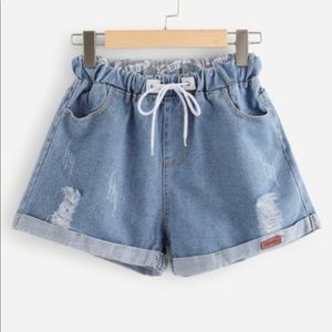 Roll Up Drawstring Waist Denim Shorts